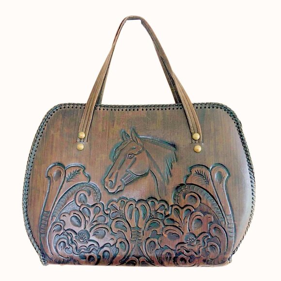 Vintage Jo-O-Kay tooled brown leather horse handbag - Picture 2 of 16